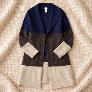 Women's Cozy MAX STUDIO Navy Brown Colorblock Longline Open Cardigan Duster S